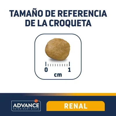 Tamaño de referencia de la croqueta Advance Veterinary Diets Renal, diámetro aproximado 1 cm según escala visual.