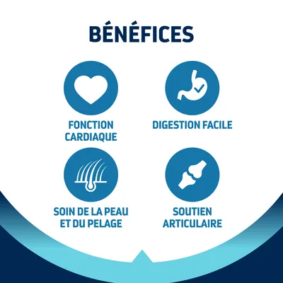 BÉNÉFICES : fonction cardiaque, digestion facile, soin de la peau et du pelage, soutien articulaire