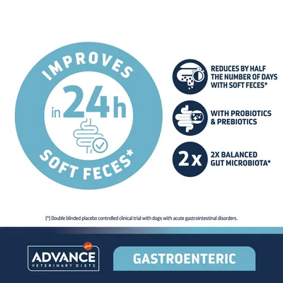 IMPROVES in 24h SOFT FECES*, REDUCES BY HALF THE NUMBER OF DAYS WITH SOFT FECES*, WITH PROBIOTICS & PREBIOTICS, 2x BALANCED GUT MICROBIOTA*, ADVANCE VETERINARY DIETS GASTROENTERIC. Angol nyelvű szöveg.