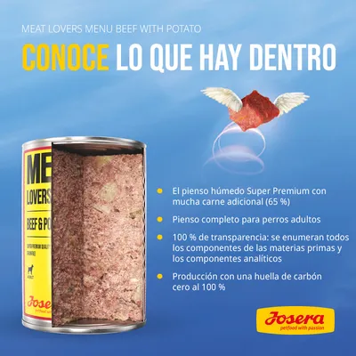 Josera Meat Lovers Menu Beef & Potato. Pienso húmedo Super Premium con 65 % carne adicional, para perros adultos, transparencia total en ingredientes y producción con huella de carbono cero.