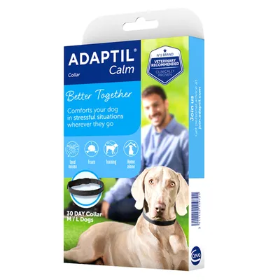 Adaptil Calm collar packaging showing product for dogs, claims to comfort in stressful situations like loud noises, fears, training, and being home alone. 30 day collar for M/L dogs.
