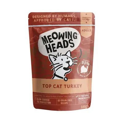 Meowing Heads Top Cat Turkey, complete cat food for adults, contains 93% turkey, beef and chicken, slow cooked, grain free recipe, made with natural ingredients, 100g pouch.