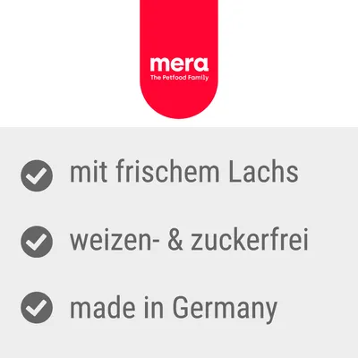 mera The Petfood Family. mit frischem Lachs, weizen- & zuckerfrei, made in Germany. Tekst på tysk.