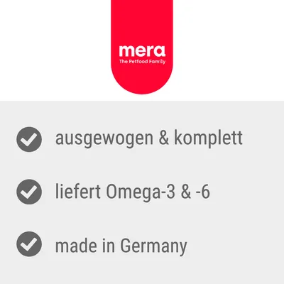 mera The Petfood Family. ausgweogen & komplett, liefert Omega-3 & -6, made in Germany (tekst na njemačkom jeziku)
