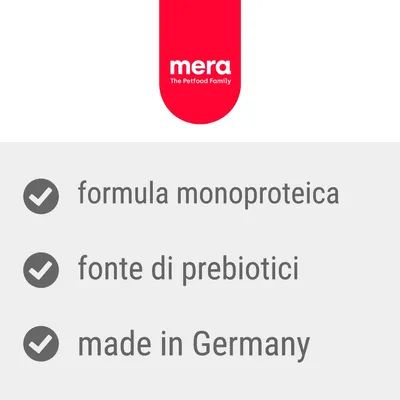 mera The Petfood Family. formula monoproteica, fonte di prebiotici, made in Germany.