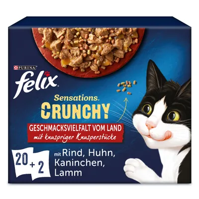 Purina felix Sensations Crunchy, 20+2, mit Rind, Huhn, Kaninchen, Lamm. Texte en allemand sur l’emballage. Illustration d’un chat et d’une assiette de nourriture visible.