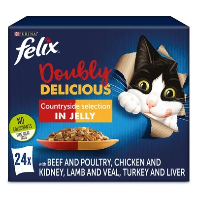 Purina Felix Doubly Delicious Countryside selection in jelly, 24x bustine. No colourants. Con manzo e pollame, pollo e rene, agnello e vitello, tacchino e fegato.