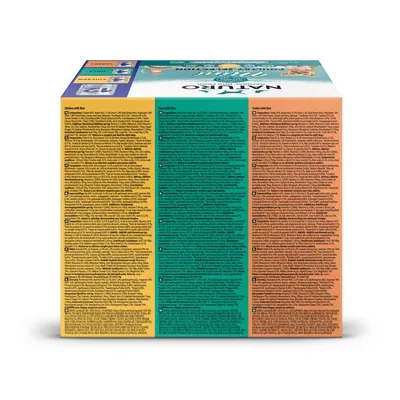 Product packaging showing detailed ingredient lists and feeding information for chicken with rice, duck with rice, and turkey with rice varieties.