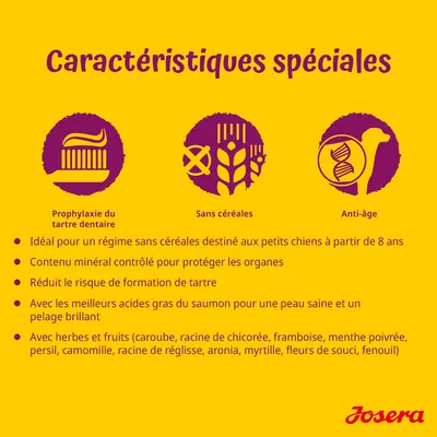 Caractéristiques spéciales : prophylaxie du tartre dentaire, sans céréales, anti-âge. Idéal petits chiens dès 8 ans, acides gras de saumon, herbes et fruits, marque Josera.