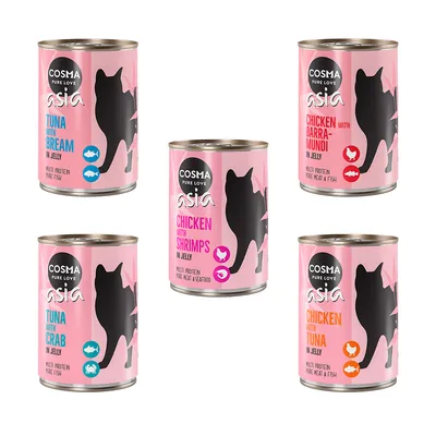 Cosma Asia Katzenfutter in Jelly: Sorten Thunfisch mit Brasse, Huhn mit Barramundi, Huhn mit Garnelen, Thunfisch mit Krabbe, Huhn mit Thunfisch. Multi Protein aus Fleisch und Fisch.