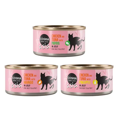 Cosma Asia Katzenfutter in Jelly, Sorten: Chicken and Tuna mit Papaya, Mango und Ananas. Pure Meat Fish & Fruit. Drei Dosen abgebildet.