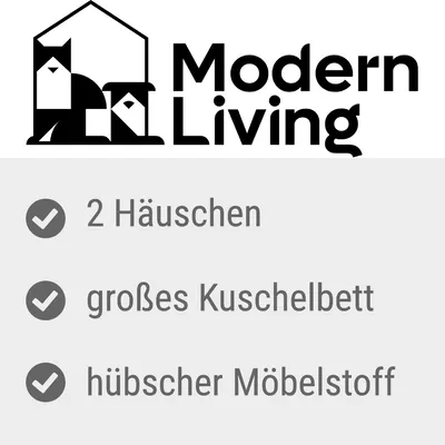 Modern Living. 2 Häuschen, großes Kuschelbett, hübscher Möbelstoff. Texte en allemand.