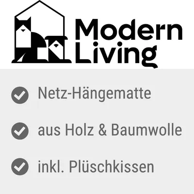 Modern Living. Netz-Hängematte aus Holz und Baumwolle, inkl. Plüschkissen.