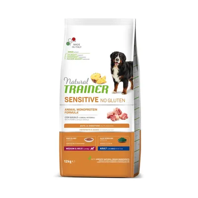 Natural Trainer Sensitive No Gluten, Animal Monoprotein Formula con maiale e cereali integrali, aiuta la digestione, per cani adulti medium & maxi, 12 kg. Made in Italy.