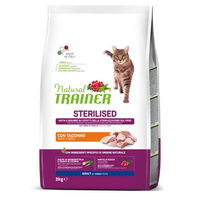 Natural Trainer Sterilised z indykiem, 3 kg. Bez barwników, konserwantów, cukrów dodanych. Dla dorosłych kotów po sterylizacji. Z burakiem, cykorią i żurawiną. Made in Italy.