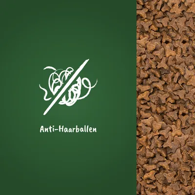 Anti-Haarballen. Symbol für reduzierte Haarballenbildung neben braunen sternförmigen Kroketten.