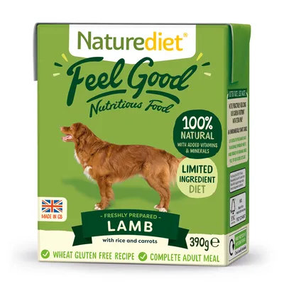 Feel Good Nutritious Food, 100% natural with added vitamins and minerals, limited ingredient diet, freshly prepared lamb with rice and carrots, wheat gluten free, complete adult meal, 390g.