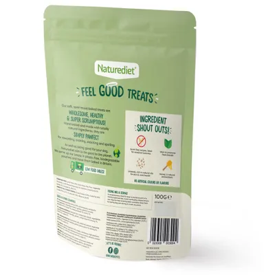 Naturediet Feel Good Treats packaging showing grain free recipe, mint for fresh breath, linseed for skin and coat health, honey as a natural sweetener, no artificial colours or flavours.
