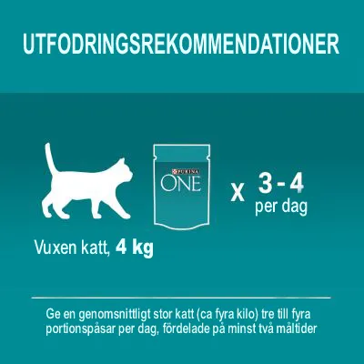 Utfodringsrekommendation för vuxen katt, 4 kg: Purina ONE portionspåsar, 3–4 per dag, fördelade på minst två måltider. Text: Ge en genomsnittlig stor katt tre till fyra portioner dagligen.