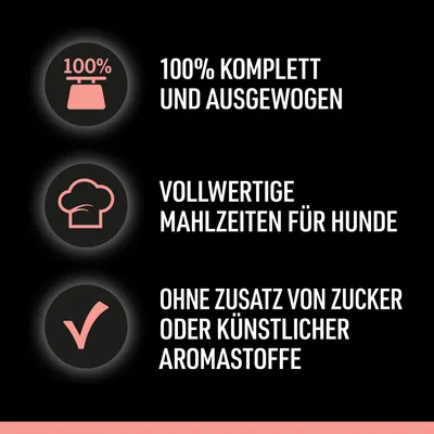 Текст на немецком: 100% komplett und ausgewogen, vollwertige Mahlzeiten für Hunde, ohne Zusatz von Zucker oder künstlicher Aromastoffe.