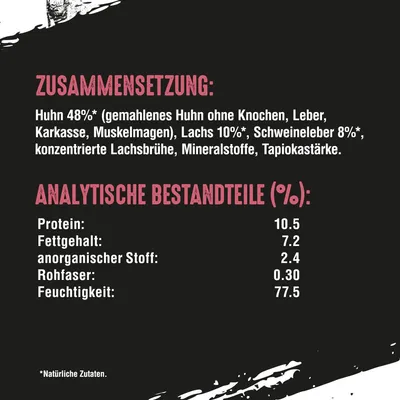 Zusammensetzung: Huhn 48%, Lachs 10%, Schweineleber 8%, konzentrierte Lachsbrühe, Mineralstoffe, Tapiokastärke. Analytische Bestandteile (%): Protein 10.5, Fettgehalt 7.2, Feuchtigkeit 77.5.