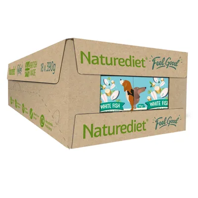 Multipack box containing 18 x 390g Naturediet Feel Good white fish with rice and parsley, British made, recyclable packaging.