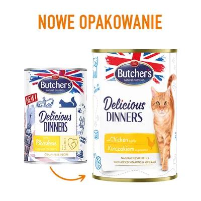 Butcher's Delicious Dinners, comida húmeda para gatos con pollo en gelatina. Imagen de dos latas mostrando el cambio de envase. Texto visible: 'Nowe opakowanie' (polaco).