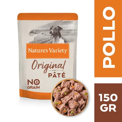 Nature's Variety Original Paté NO GRAIN, pollo, 150 gr. Imagen del envase y cuenco con paté de textura visible.