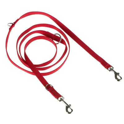Rote Hundeleine aus Nylon mit zwei Metallkarabinern und mehreren Metallringen.