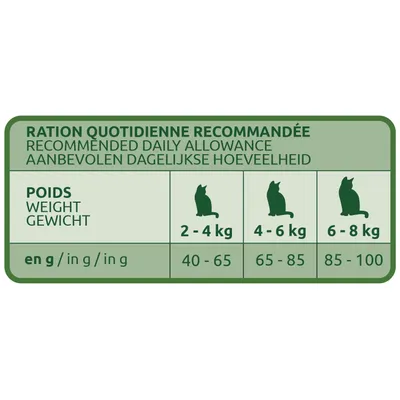 Tableau de ration quotidienne recommandée pour chats : 2–4 kg 40–65 g, 4–6 kg 65–85 g, 6–8 kg 85–100 g. Indications en français, anglais et néerlandais.