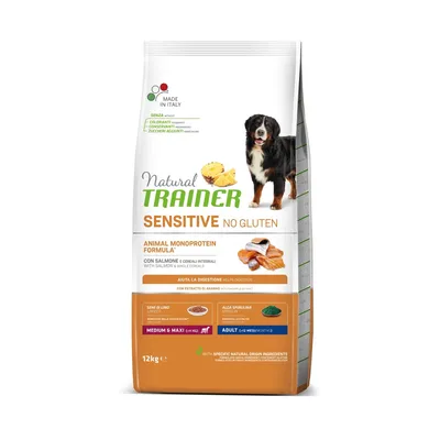 Natural Trainer Sensitive No Gluten, formula monoproteica animale con salmone e cereali integrali, aiuta la digestione, per cani adulti taglia media e grande, sacco da 12 kg