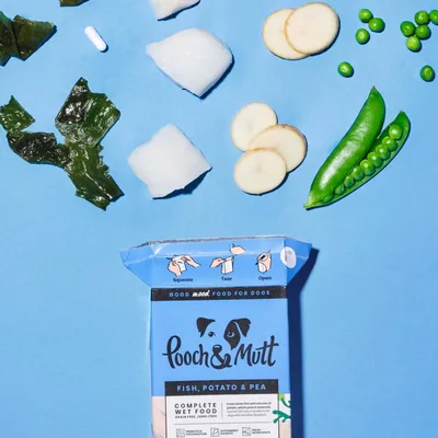 Fish, potato, pea, seaweed, and a white tablet shown next to Pooch & Mutt Fish, Potato & Pea complete wet food pack with squeeze, tear, open instructions visible.
