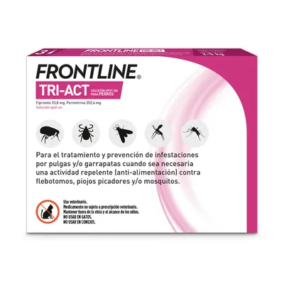 Frontline Tri-Act solución para perros para tratar y prevenir parásitos como pulgas, garrapatas, mosquitos. No apto para gatos o conejos. Solo uso veterinario.
