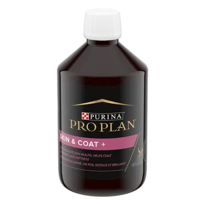 Purina Pro Plan Skin & Coat+ bottle with label text: helps promote skin health, helps coat shininess and softness. Black bottle with white cap, pink and gold accents.