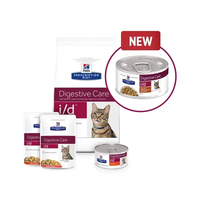 Hill's Prescription Diet Digestive Care i/d kattefoder, tør- og vådfoder. Synlige varianter: with Chicken, with Salmon. Tekst: NEW på dåsevariant.