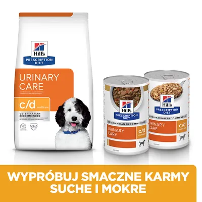 Hill's Prescription Diet Urinary Care c/d multicare dla psów, opakowanie suchej karmy i dwie puszki mokrej. Napis: Wypróbuj smaczne karmy suche i mokre.