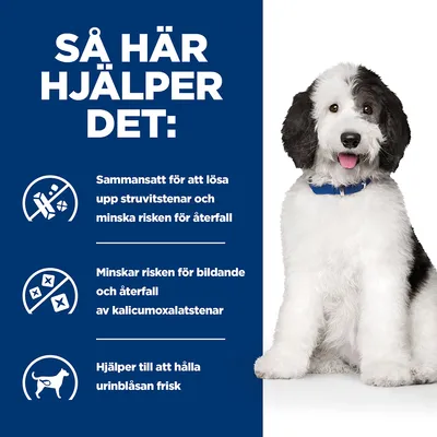 Så här hjälper det: Sammansatt för att lösa upp struvitstenar och minska risken för återfall. Minskar risken för bildande och återfall av kalciumoxalatstenar. Hjälper till att hålla urinblåsan frisk.