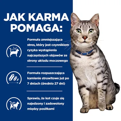 Jak karma pomaga: formuła zmniejszająca stres, rozpuszczająca kamienie struwitowe po 7 dniach, sprawia że kot czuje się najedzony i zadowolony między posiłkami.