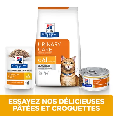 Hill's Prescription Diet Urinary Care c/d multicare pour chat, sachet, sac et boîte. Texte : Essayez nos délicieuses pâtées et croquettes.