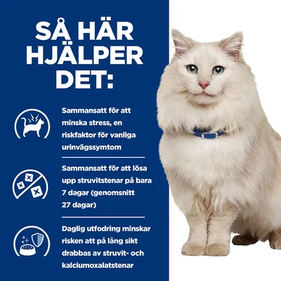 Så här hjälper det: Sammansatt för att minska stress, lösa upp struvitstenar på 7 dagar och minska risken för struvit- och kalciumoxalatstenar. Text på svenska.