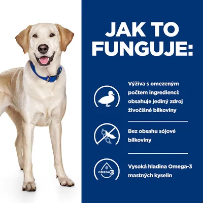 Jak to funguje: Výživa s omezeným počtem ingrediencí, jediný zdroj živočišné bílkoviny, bez sójové bílkoviny, vysoká hladina Omega-3 mastných kyselin.