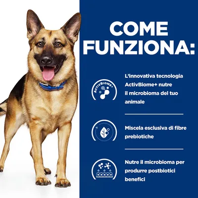 COME FUNZIONA: L’innovativa tecnologia ActivBiome+ nutre il microbioma del tuo animale. Miscela esclusiva di fibre prebiotiche. Nutre il microbioma per produrre postbiotici benefici.