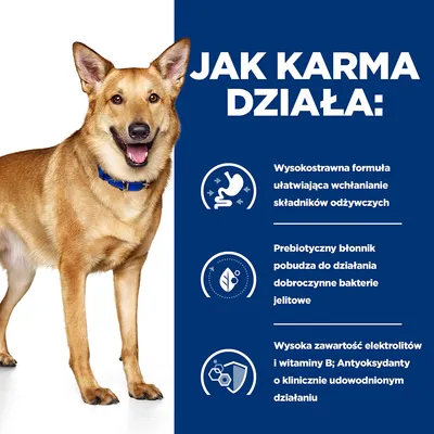 Jak karma działa: wysokostrawna formuła, prebiotyczny błonnik pobudza bakterie jelitowe, wysoka zawartość elektrolitów i witaminy B, antyoksydanty o udowodnionym działaniu.