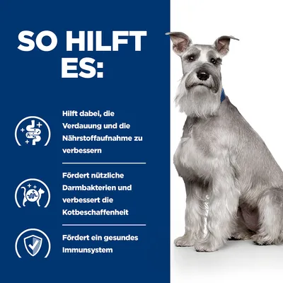 So hilft es: Verbesserung der Verdauung und Nährstoffaufnahme, Förderung nützlicher Darmbakterien und Kotbeschaffenheit, Unterstützung eines gesunden Immunsystems.