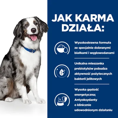 Jak karma działa: wysokostrawna formuła z białkami i węglowodanami, mieszanka prebiotyków pobudza bakterie jelitowe, wysoka gęstość energetyczna, antyoksydanty o udowodnionym działaniu.