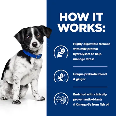 Product features: highly digestible formula with milk protein hydrolysate for stress, unique prebiotic blend and ginger, enriched with antioxidants and Omega-3s from fish oil.
