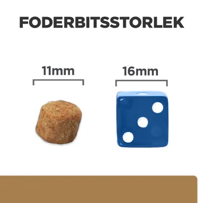 Foderbitsstorlek: foderbit 11 mm bredvid blå tärning 16 mm. Jämförelse av storlek mellan foderbit och tärning, med måttangivelser ovanför varje objekt.