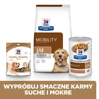 Hill's Prescription Diet Mobility j/d – opakowanie suchej karmy, puszka mokrej karmy i przysmak Healthy Mobility Treats. Napis: Wypróbuj smaczne karmy suche i mokre.