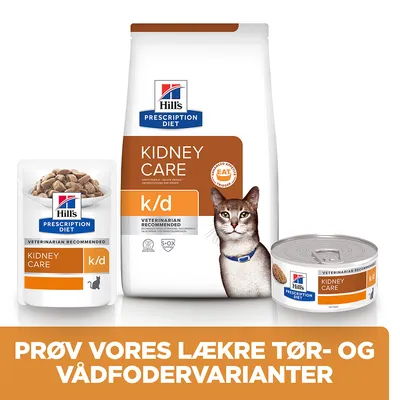 Hill's Prescription Diet Kidney Care k/d tør- og vådfoder til kat, synlige poser, dåse og sæk. Tekst: PRØV VORES LÆKRE TØR- OG VÅDFODERVARIANTER.