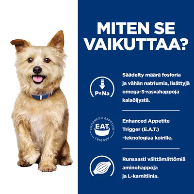 Miten se vaikuttaa? Säädelty määrä fosforia ja natriumia, omega-3-rasvahappoja kalaöljystä, E.A.T.-teknologia koirille, runsaasti aminohappoja ja L-karnitiinia.